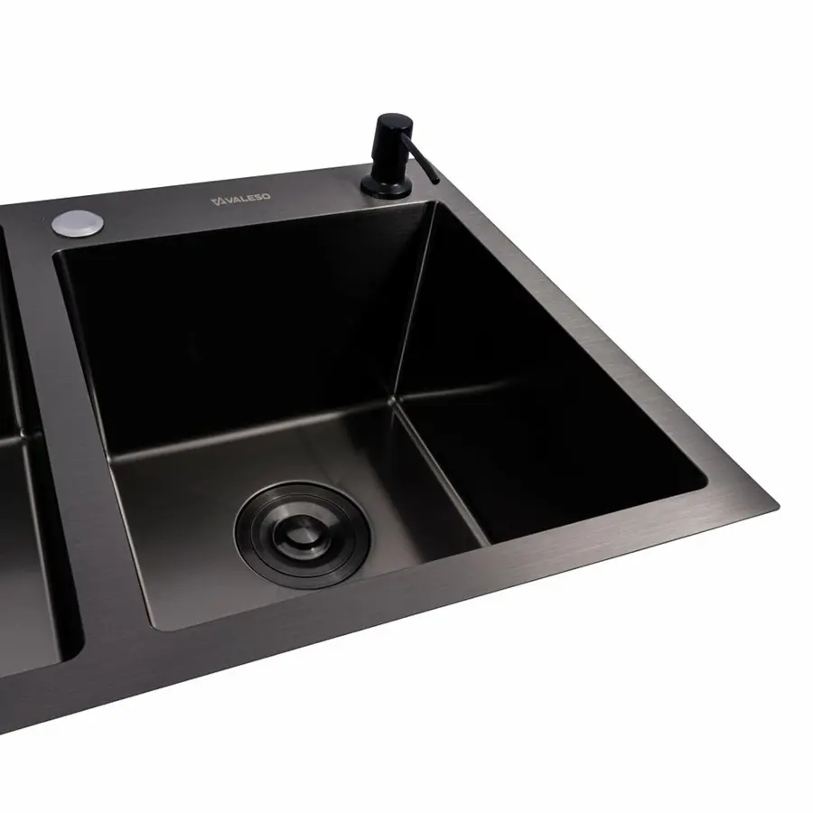 Кухонна мийка 78*43 PVD чорна на дві чаші VALESO Handmade (3.0/0.8)