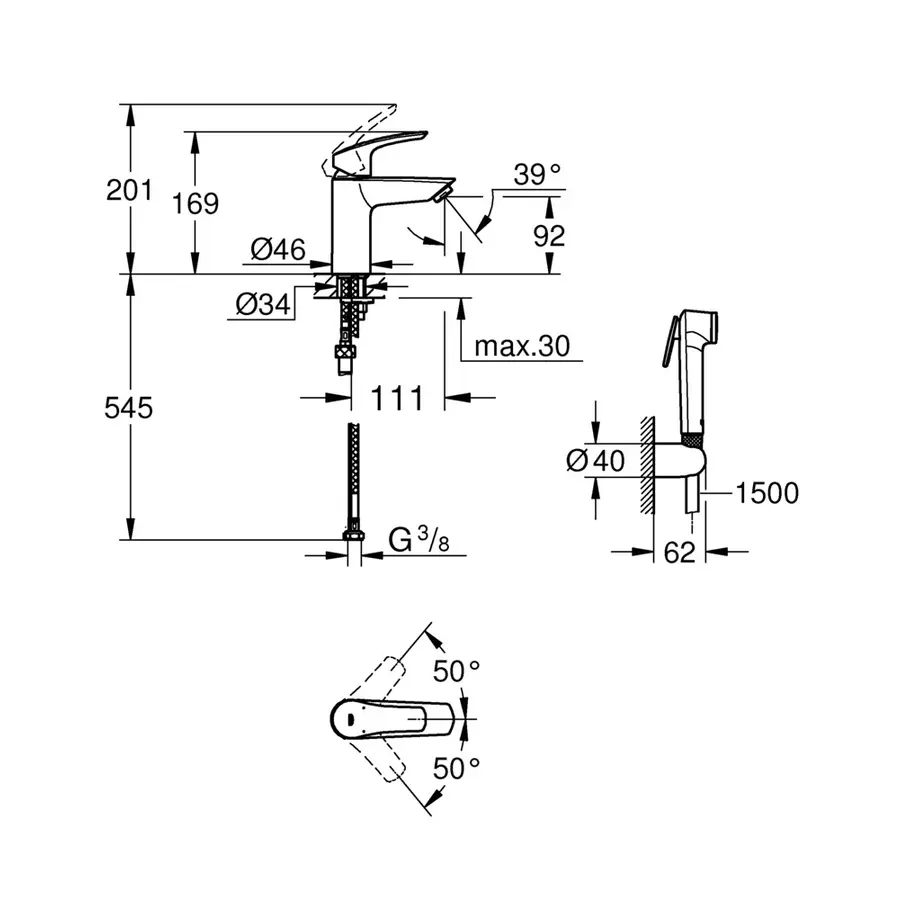 Змішувач для раковини з гігієнічним душем Grohe Eurosmart New (23124003)