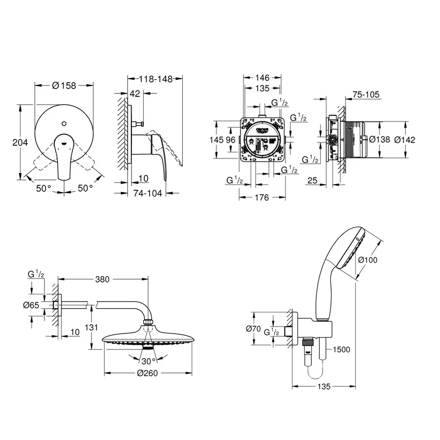 Душова система прихованого монтажу зі змішувачем Grohe Grohtherm SmartControl (UA34614SC4)