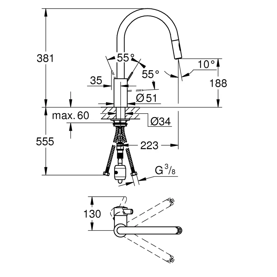 Змішувач для кухні з висувним виливом Grohe Eurosmart Cosmopolitan (31481001)