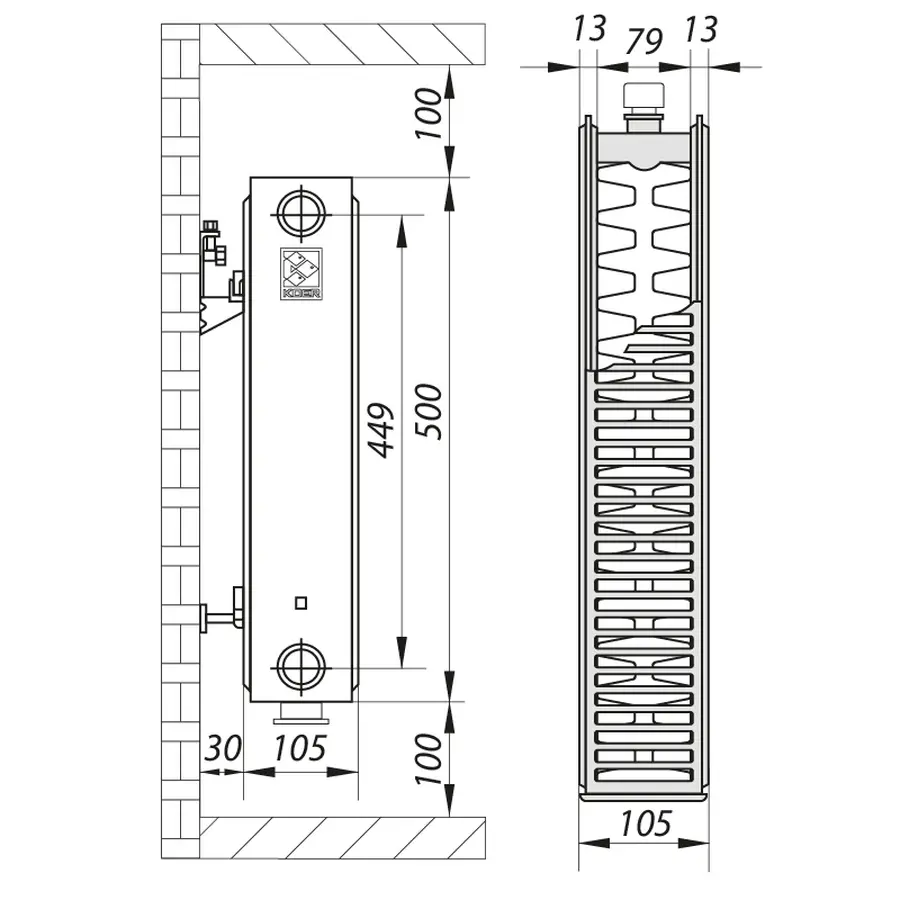 Сталевий радіатор KOER 22x500x1100B (2123 Вт, 31,84 кг, нижнє підключення, з термоклапаном) (RAD089)