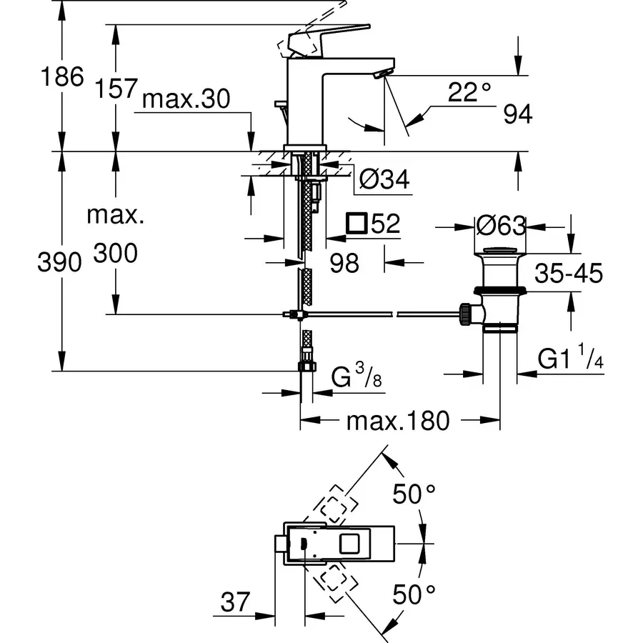 Змішувач для умивальника з дон. клапаном Grohe Eurocube (23127000)