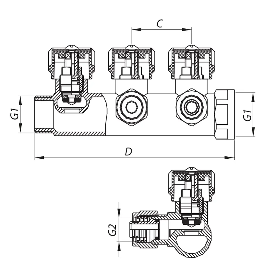Колектор для теплої підлоги на 2 контура Koer KR.1122-2 1"x2 ways (KR2653)