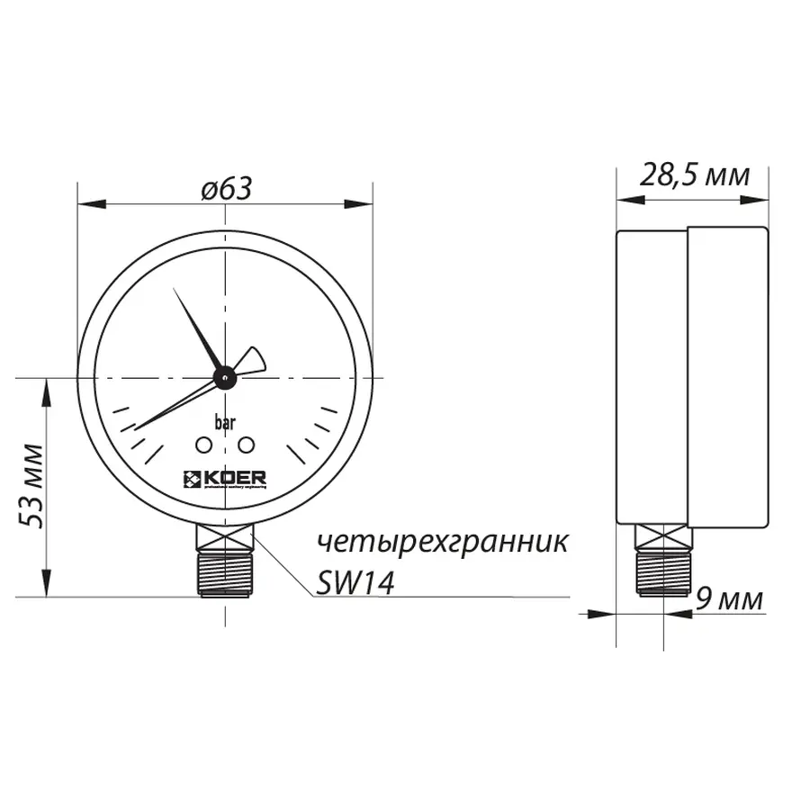 Манометр радіальний (KOER KM.621R) (0-4 bar), D 63мм, 1/4''-1/2'' (KR0206)