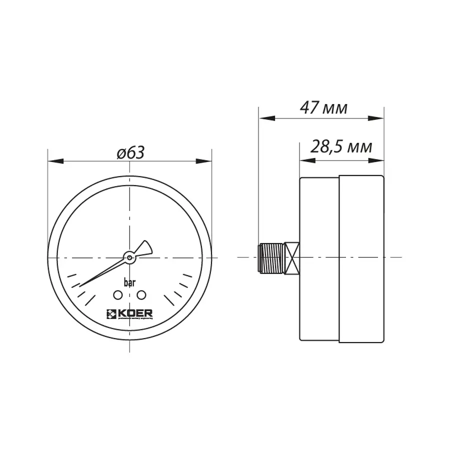 Манометр осьової KOER KM.611A D 63мм (0-6 bar) 1/4''-1/2'' (KR2901)