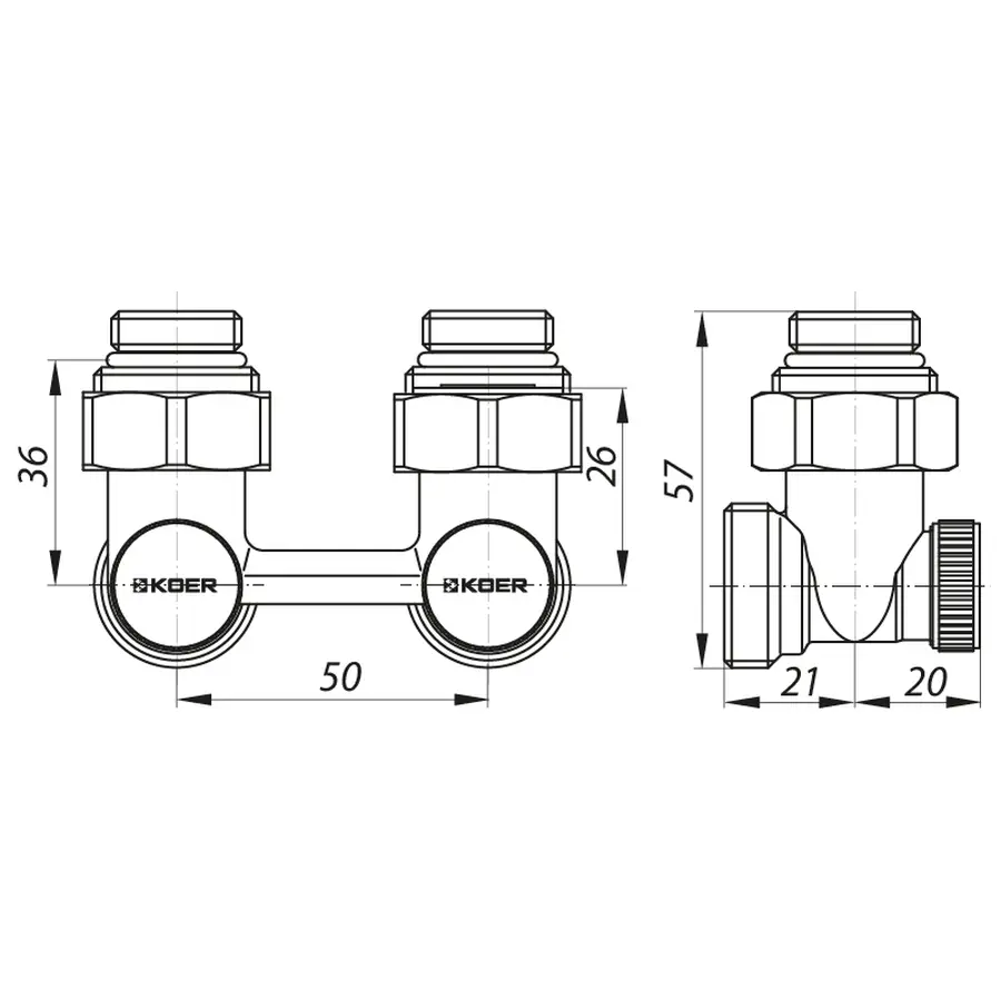 Вузол нижнього підключення радіатора 3/4'' кутовий (комплект) Koer KR.1132 (KR2816)