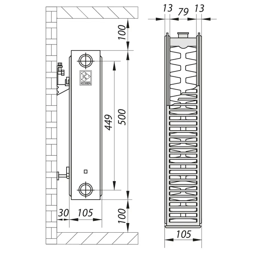 Сталевий радіатор KOER 22x500x2000S (3860 Вт, 48,53 кг, бокове підключення) (RAD066)