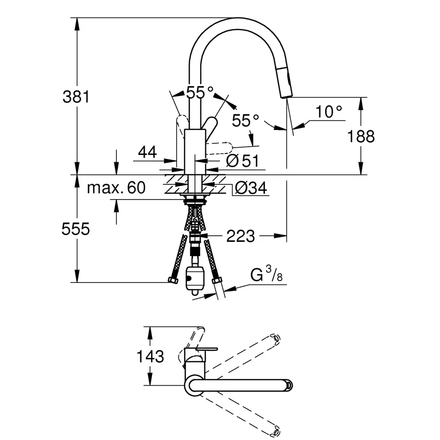 Змішувач для кухні з висувним виливом Grohe Eurostyle Cosmopolitan (31482003)
