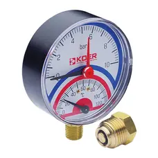Термо-манометр радіальний (KOER KM.801R) (0-10 bar), D 80мм, 1/4''-1/2'' (KR0216) Термо-манометр радіальний (KOER KM.801R) (0-10 bar), D 80мм, 1/4''-1/2'' (KR0216)