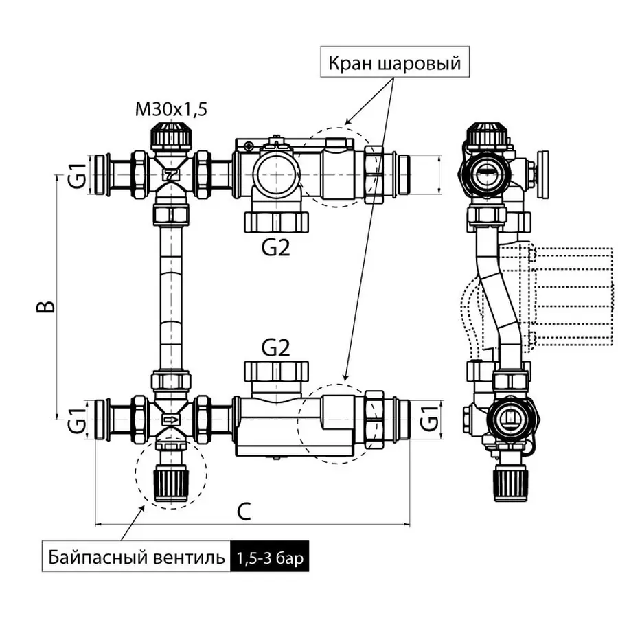 Змішувальний вузол для колекторів з бок. підкл. Koer KR.1022S - 1" (без насоса) (KR2911)
