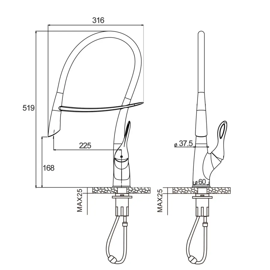 Гнучкий змішувач для кухні вбудований Nett SWH-52