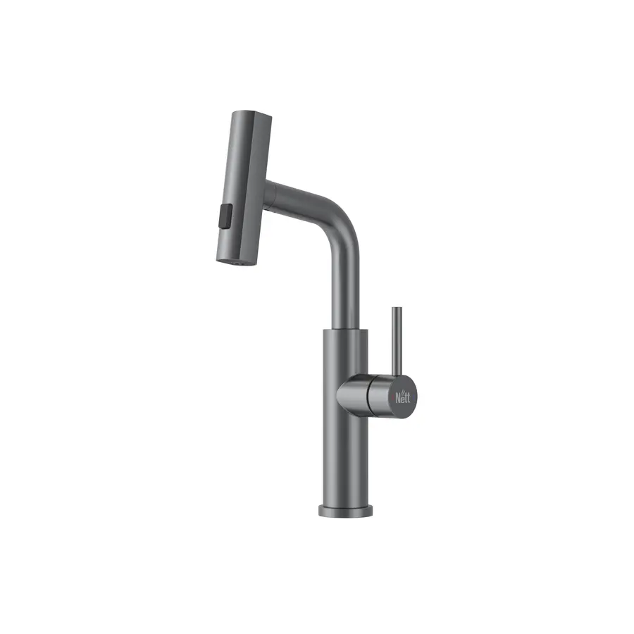 Змішувач на кухню водоспад з висувною лійкою графіт Nett LGr-35