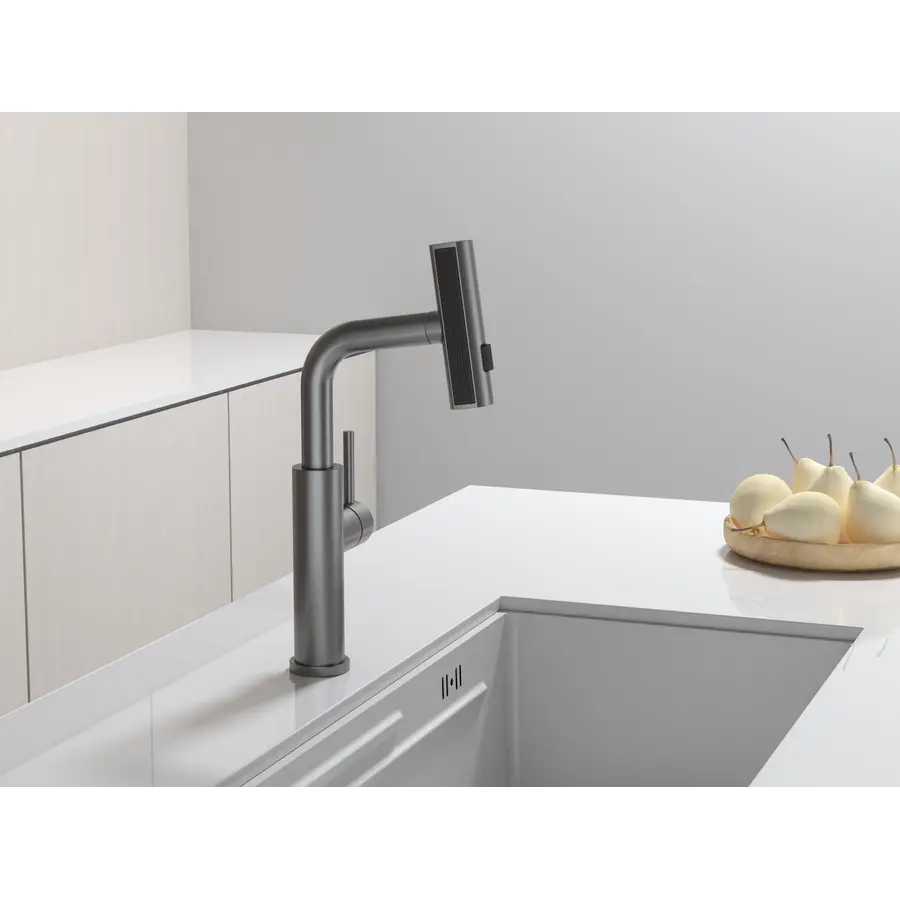 Змішувач на кухню водоспад з висувною лійкою графіт Nett LGr-35