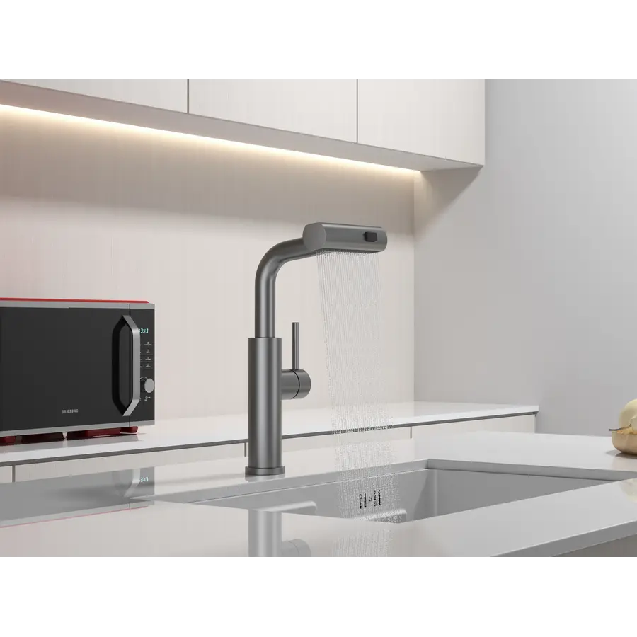 Змішувач на кухню водоспад з висувною лійкою графіт Nett LGr-35