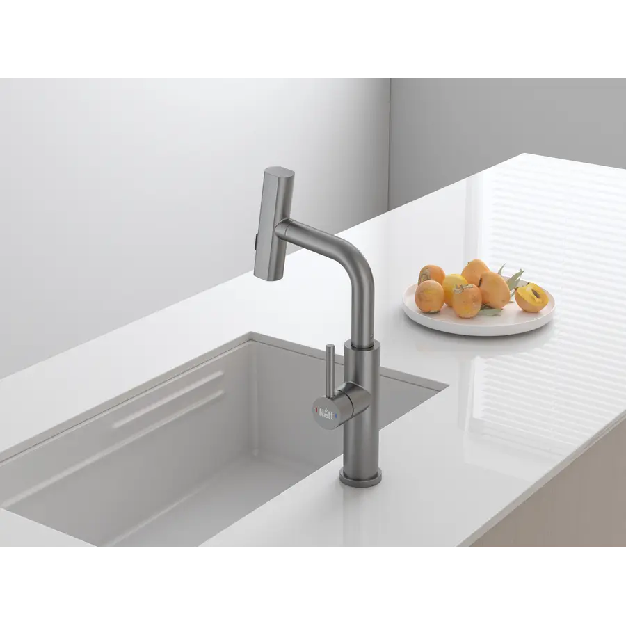 Змішувач на кухню водоспад з висувною лійкою графіт Nett LGr-35
