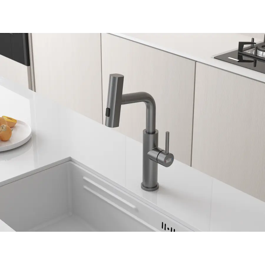 Змішувач на кухню водоспад з висувною лійкою графіт Nett LGr-35