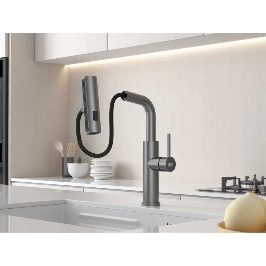 Змішувач на кухню водоспад з висувною лійкою графіт Nett LGr-35