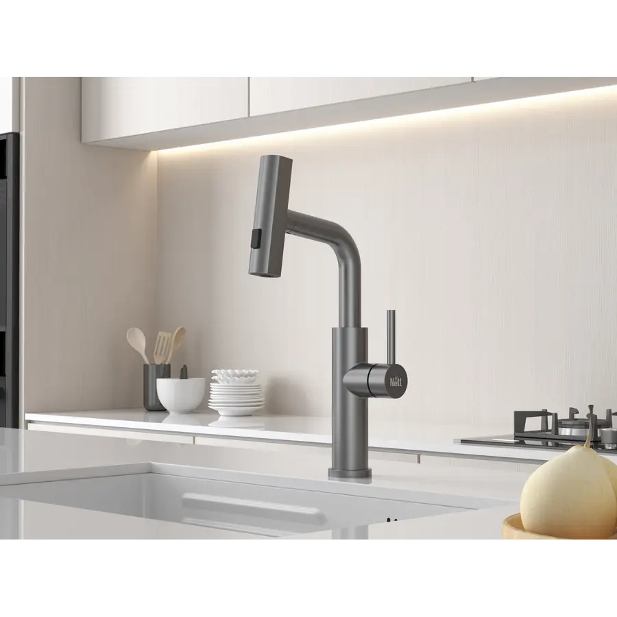 Змішувач на кухню водоспад з висувною лійкою графіт Nett LGr-35