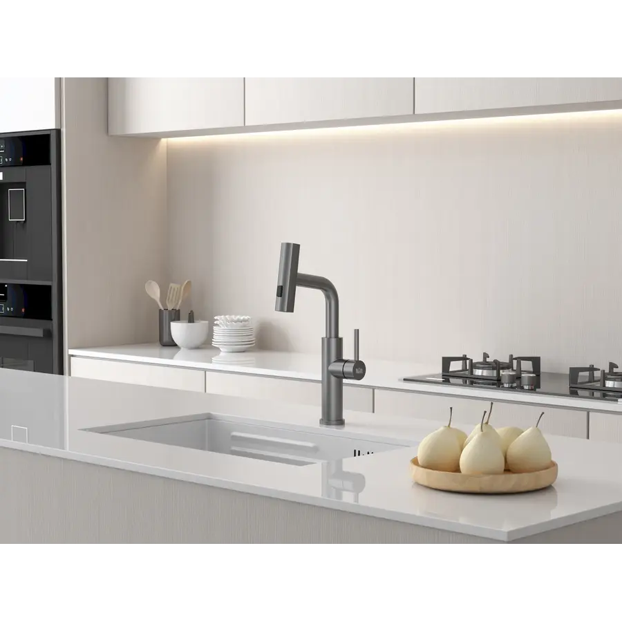 Змішувач на кухню водоспад з висувною лійкою графіт Nett LGr-35