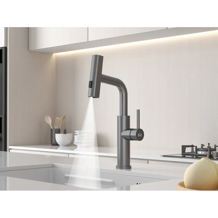Змішувач на кухню водоспад з висувною лійкою графіт Nett LGr-35