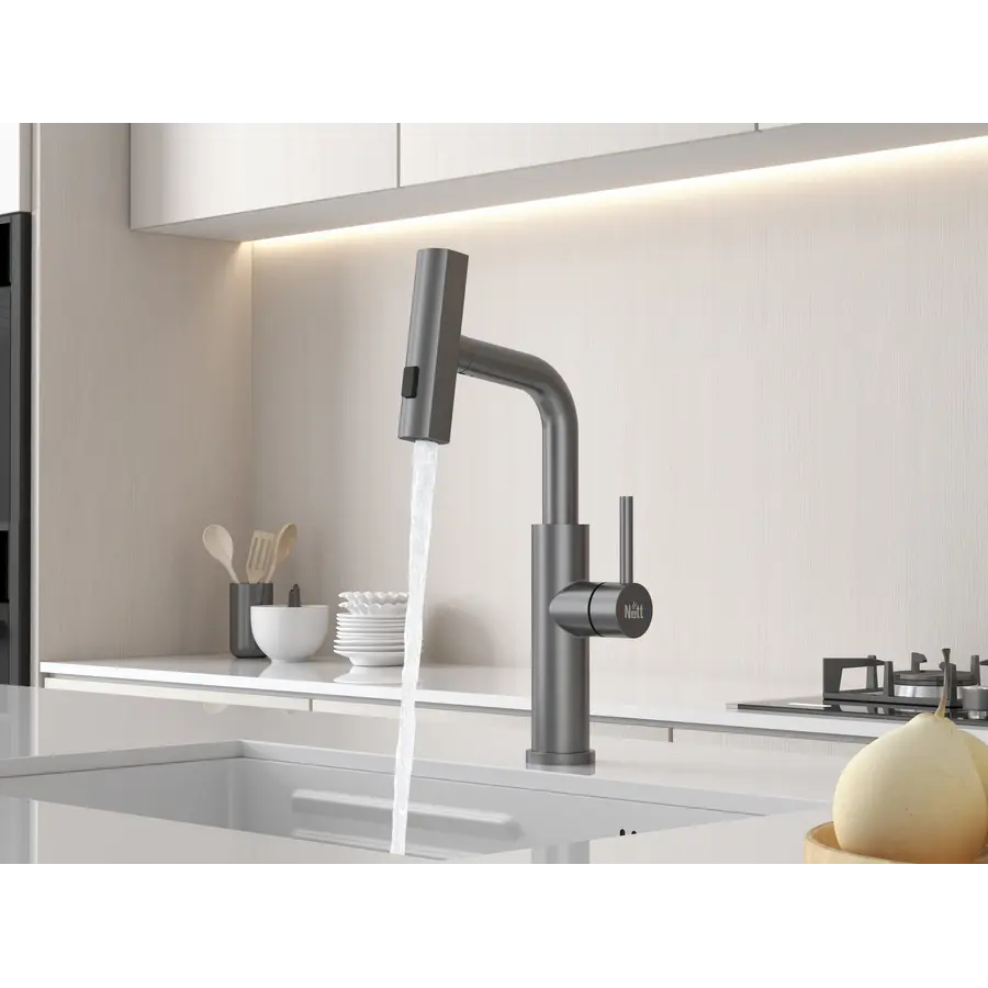 Змішувач на кухню водоспад з висувною лійкою графіт Nett LGr-35
