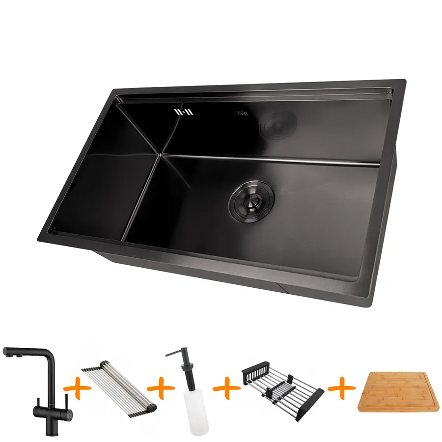 Комплект чорної мийки на кухню та змішувача з нержавіючої сталі NB-7042