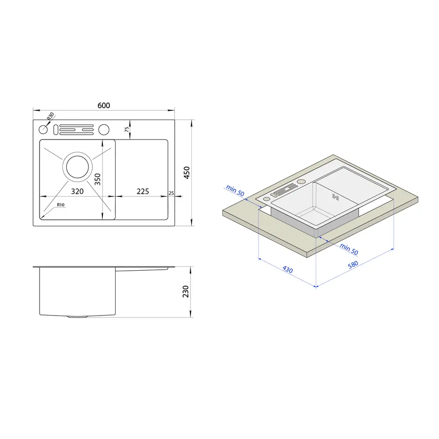 Накладна кухонна мийка з правим крилом Nett NS-6045(R)
