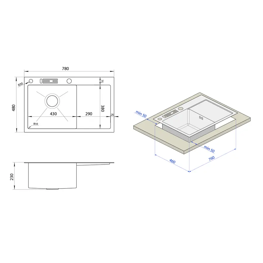 Накладна кухонна мийка з правим крилом Nett NS-7848(R)
