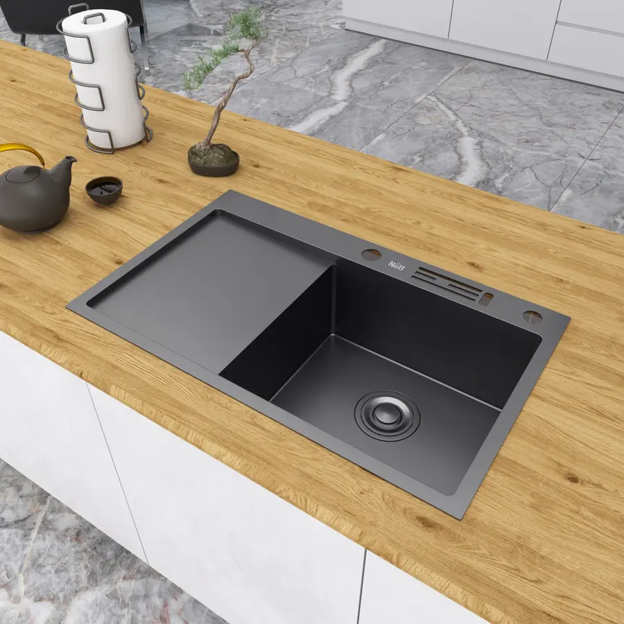 Чорна раковина на кухню з лівим крилом із PVD покриттям Nett NB-7848(L)