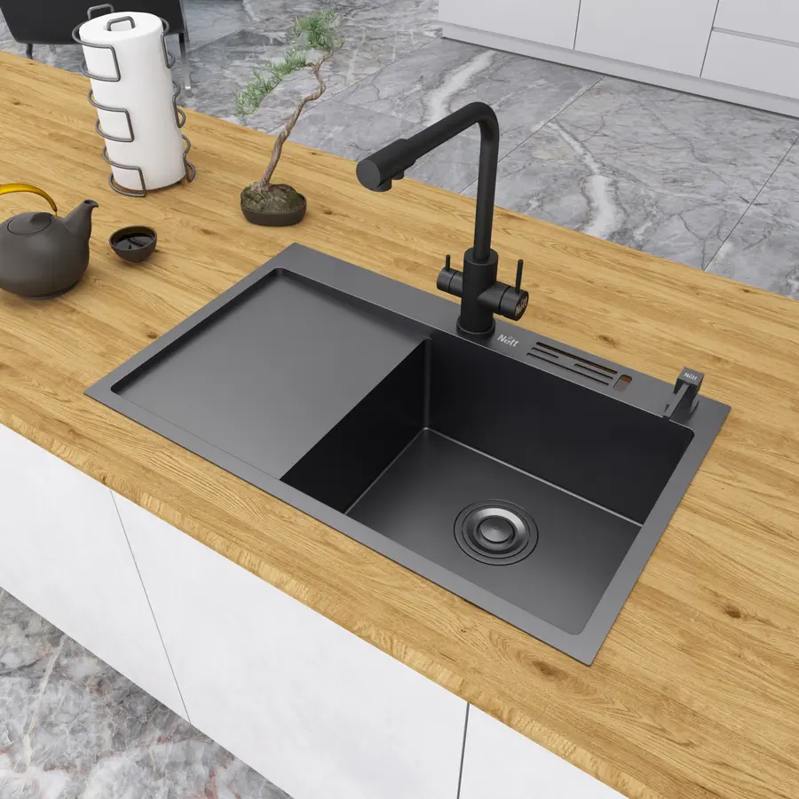 Чорна раковина на кухню з лівим крилом із PVD покриттям Nett NB-7848(L)