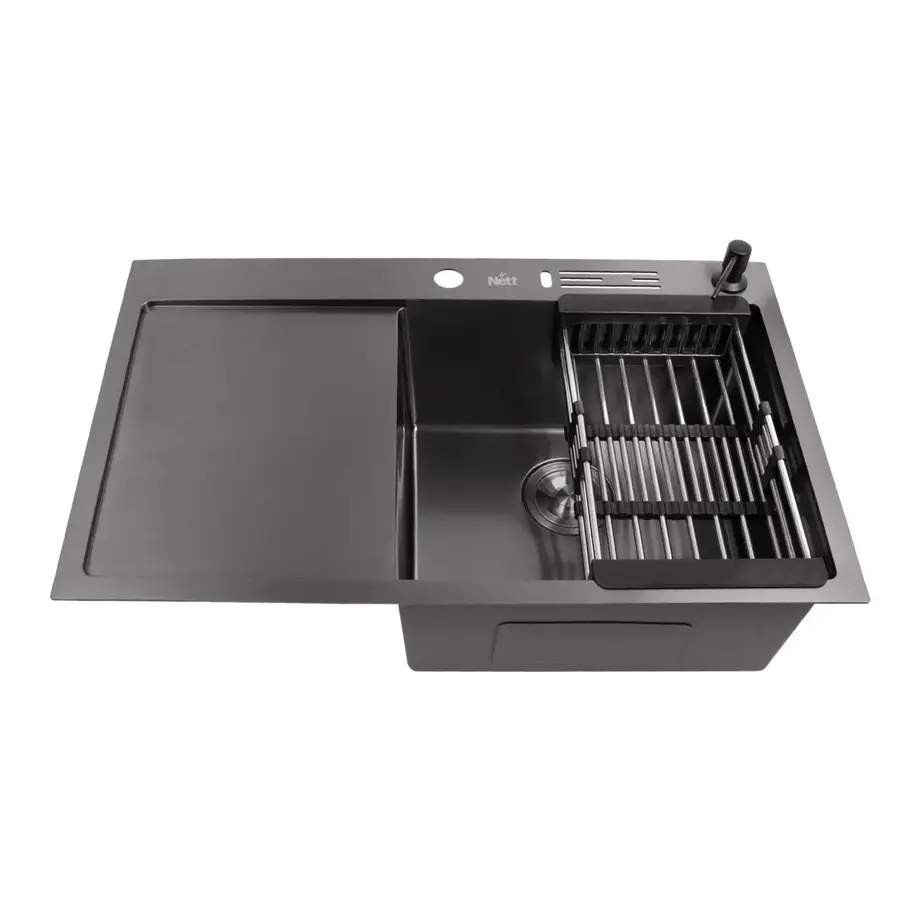 Чорна мийка на кухню з лівим крилом 1.5 мм нержавійка Nett NB-7848(L)