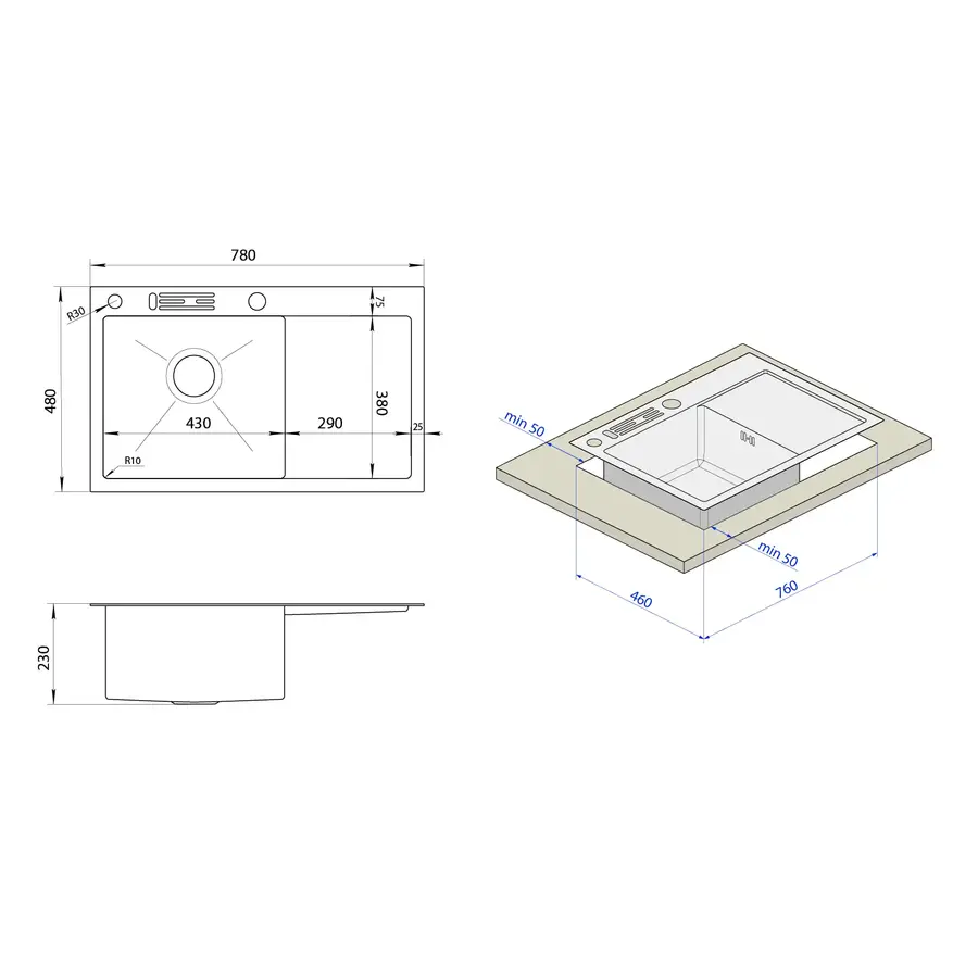 Чорна мийка на кухню з лівим крилом 1.5 мм нержавійка Nett NB-7848(L)