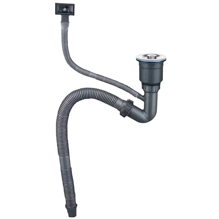 Чорний сифон для мийки на кухню з нержавійки з переливом колбою DKB-99