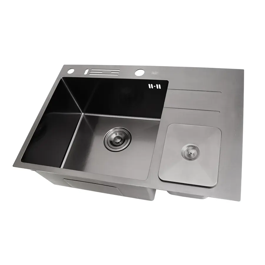 Чорна кухонна мийка з нержавійки з вбудованим смітником Nett NBM-7047