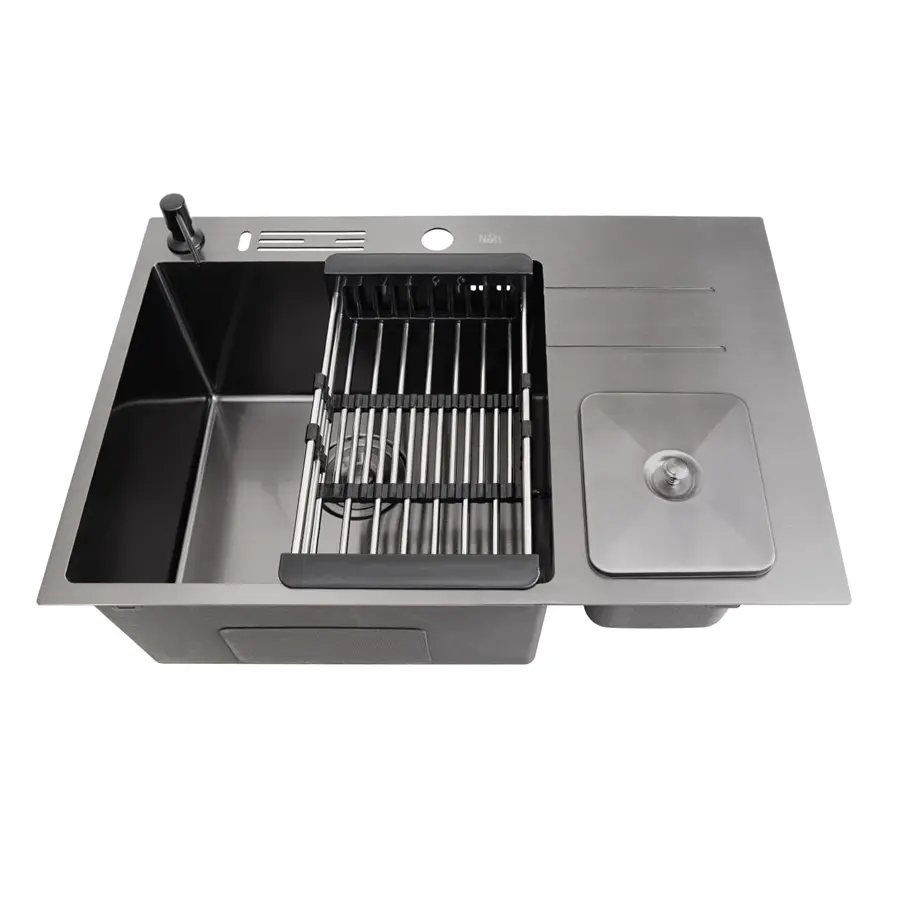 Чорна кухонна мийка з нержавійки з вбудованим смітником Nett NBM-7047