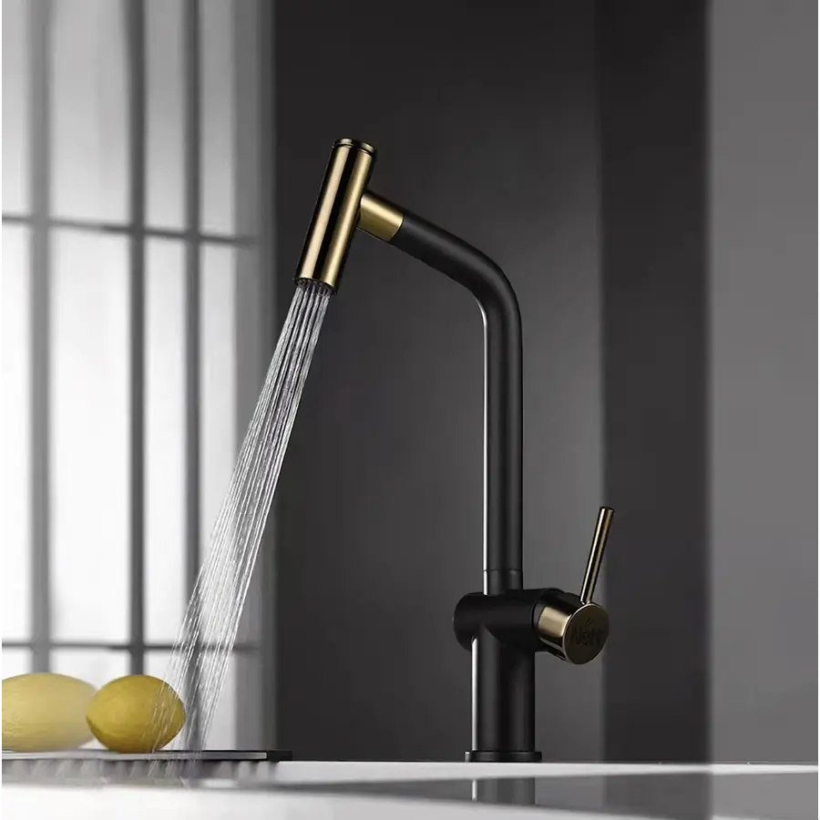 Золотий змішувач для кухні з висувним виливом Nett FG-44