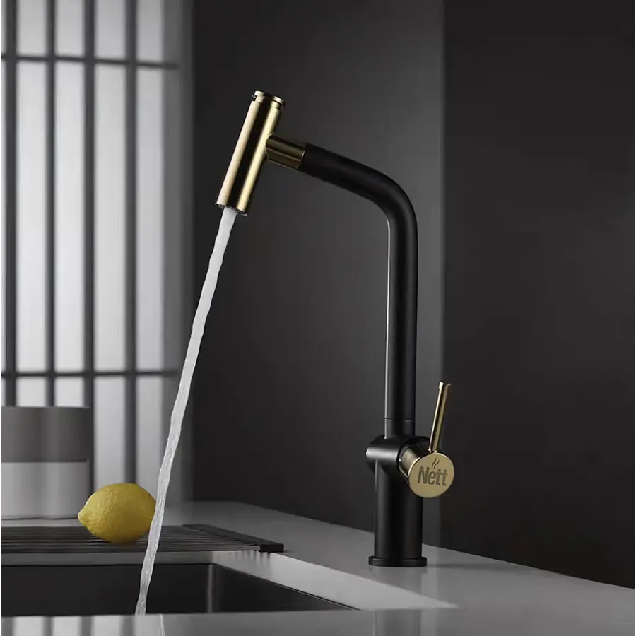 Золотий змішувач для кухні з висувним виливом Nett FG-44