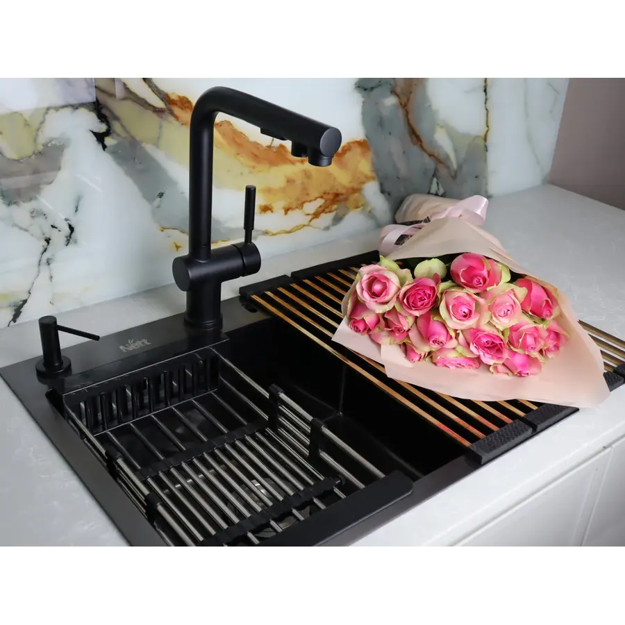 Чорна кухонна мийка 45 см накладна з нержавійки Nett NВ-5245