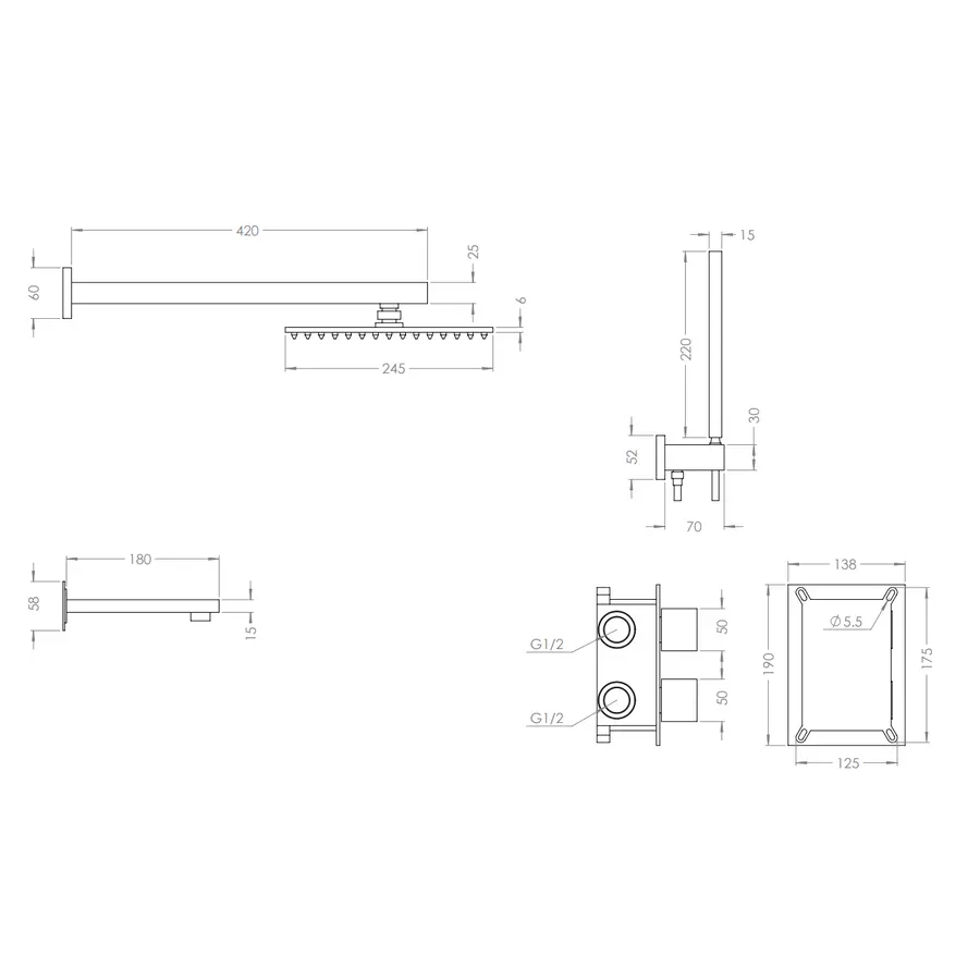 Душова система з термостатом внутрішнього монтажу з виливом Nett TSH-521