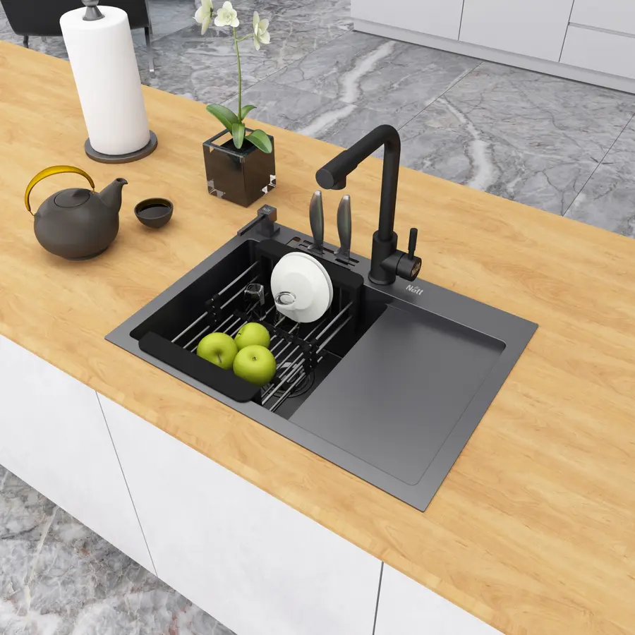 Чорна раковина на кухню з правим крилом Nett NB-6045(R)