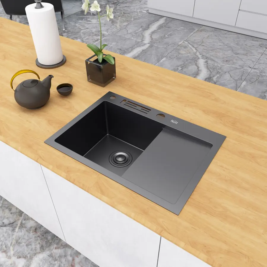 Чорна раковина на кухню з правим крилом Nett NB-6045(R)
