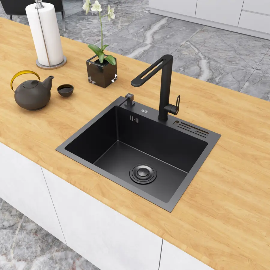 Чорна кухонна мийка 45 см накладна з нержавійки Nett NВ-5245
