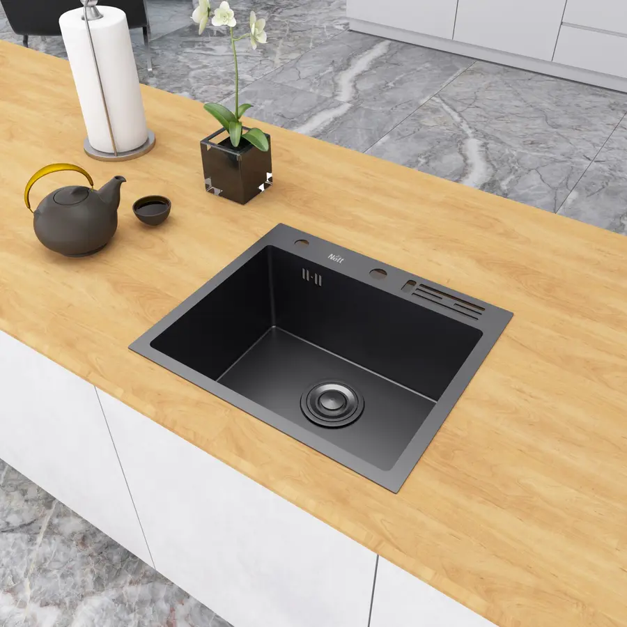Чорна кухонна мийка 45 см накладна з нержавійки Nett NВ-5245