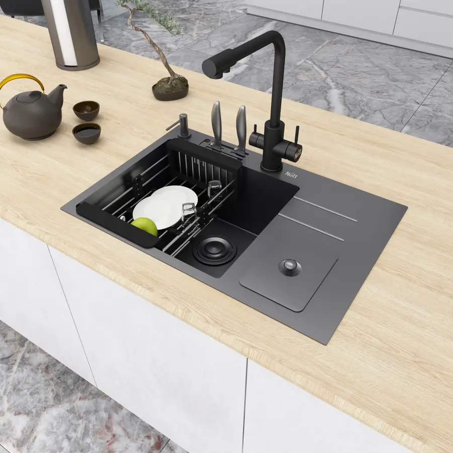 Чорна кухонна мийка з нержавійки з вбудованим смітником Nett NBM-7047