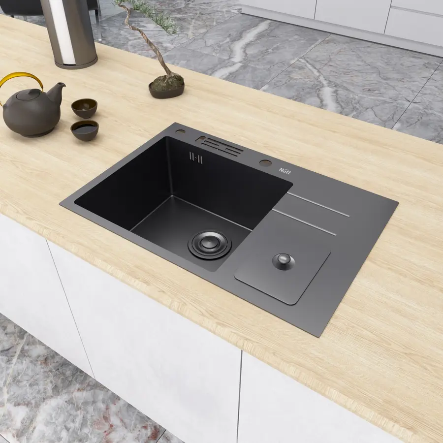 Чорна кухонна мийка з нержавійки з вбудованим смітником Nett NBM-7047