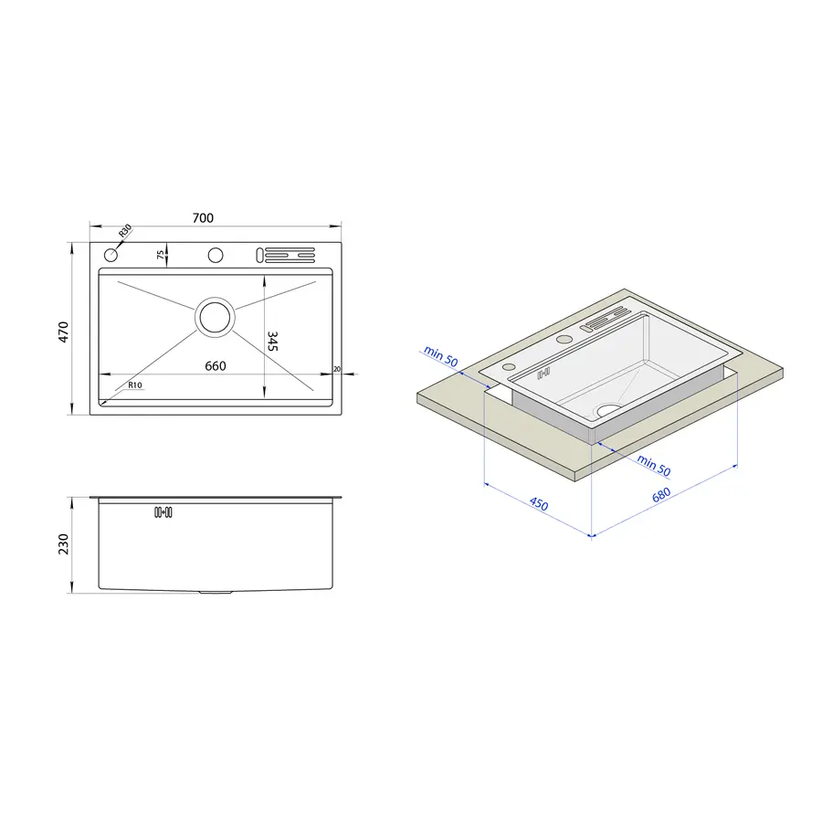 Накладна мийка для кухні з нержавійки кухонна станція Nett NS-7048