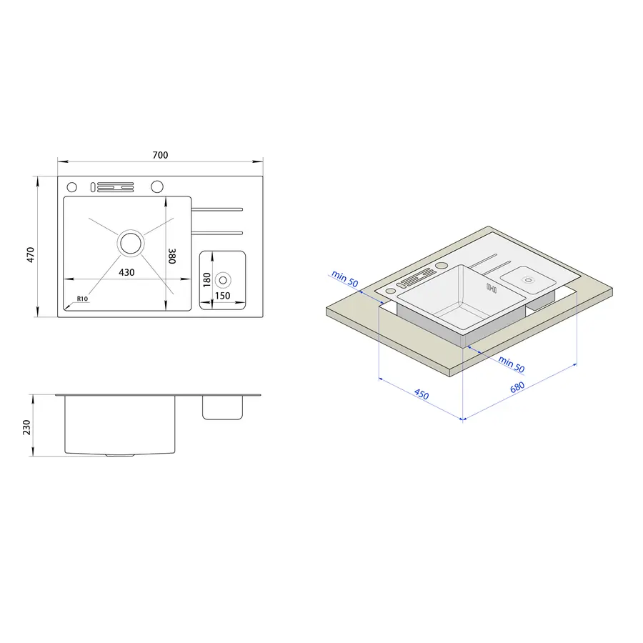 Чорна кухонна мийка з нержавійки з вбудованим смітником Nett NBM-7047