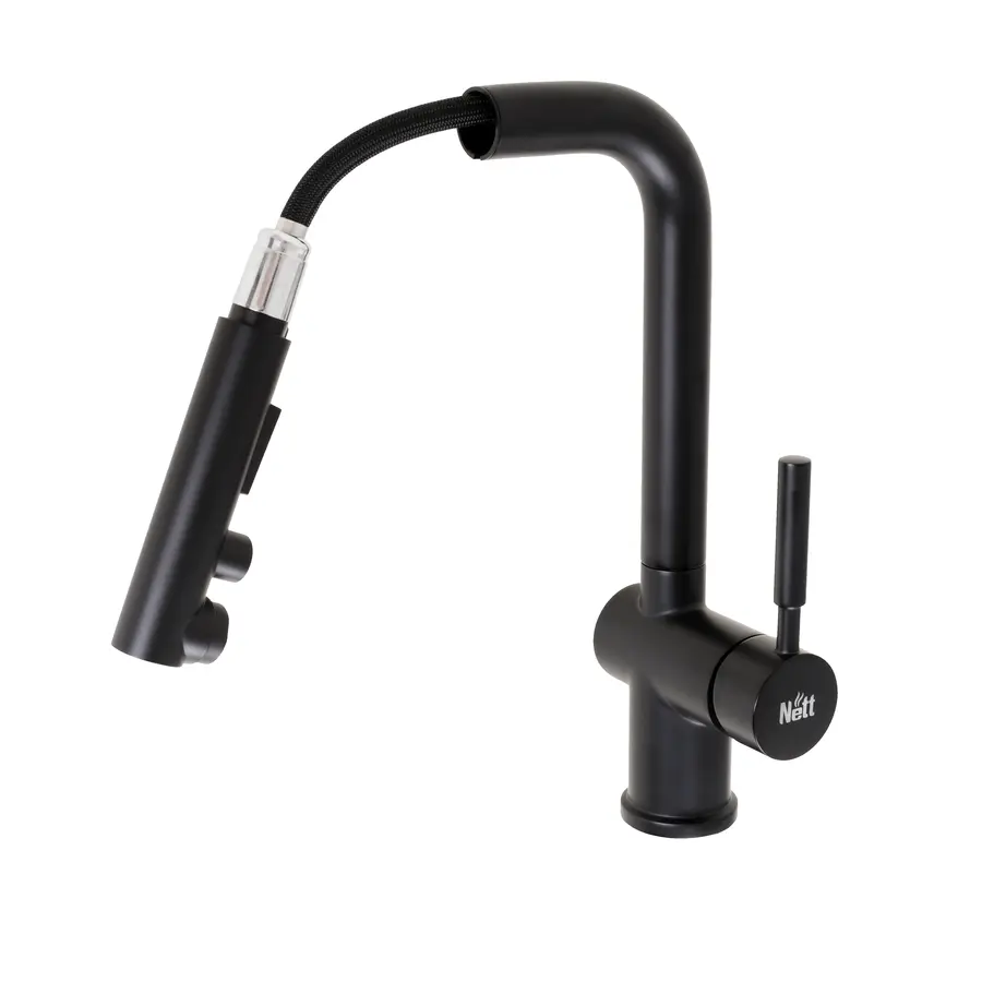 Змішувач чорний для кухні з висувним виливом Nett FBL-34