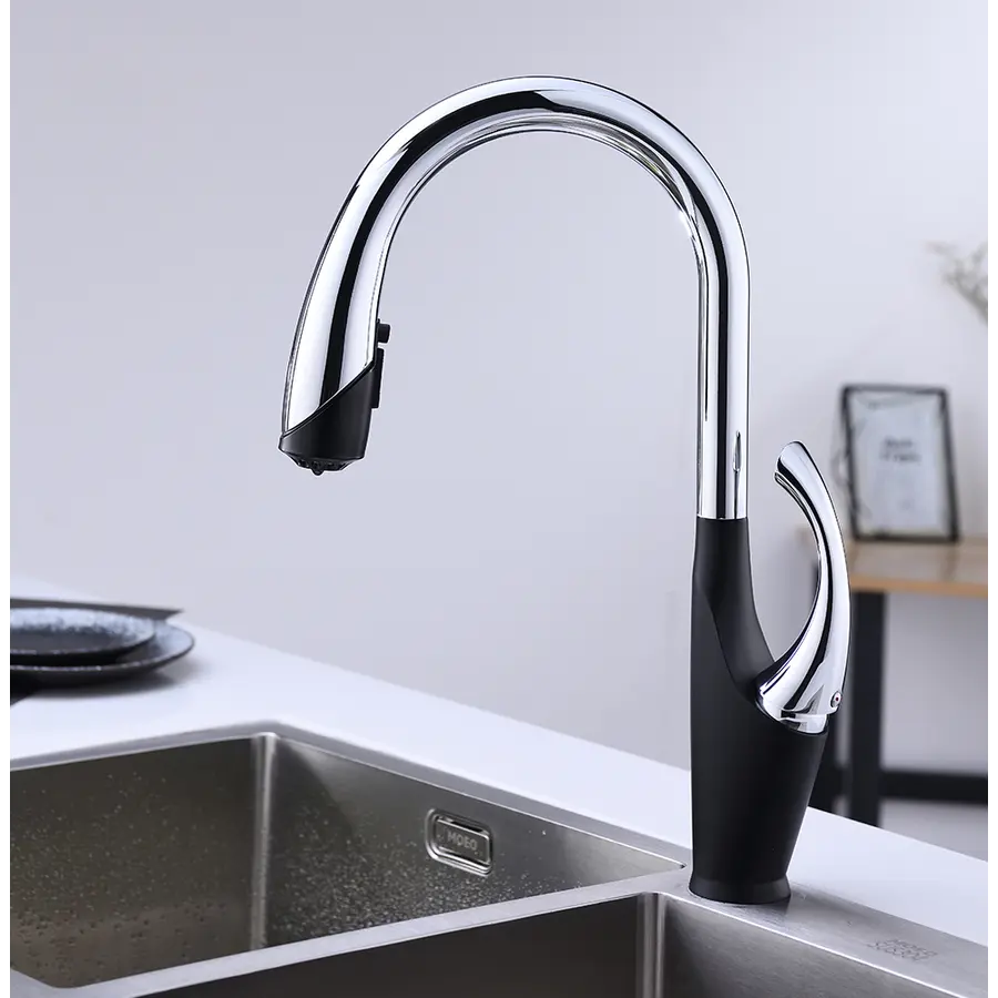 Чорний кухонний змішувач з висувним виливом "Лебідь" Nett SWB-435