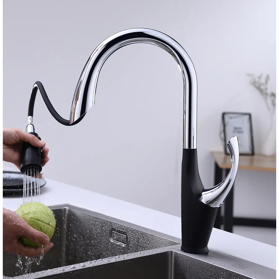 Чорний кухонний змішувач з висувним виливом "Лебідь" Nett SWB-435